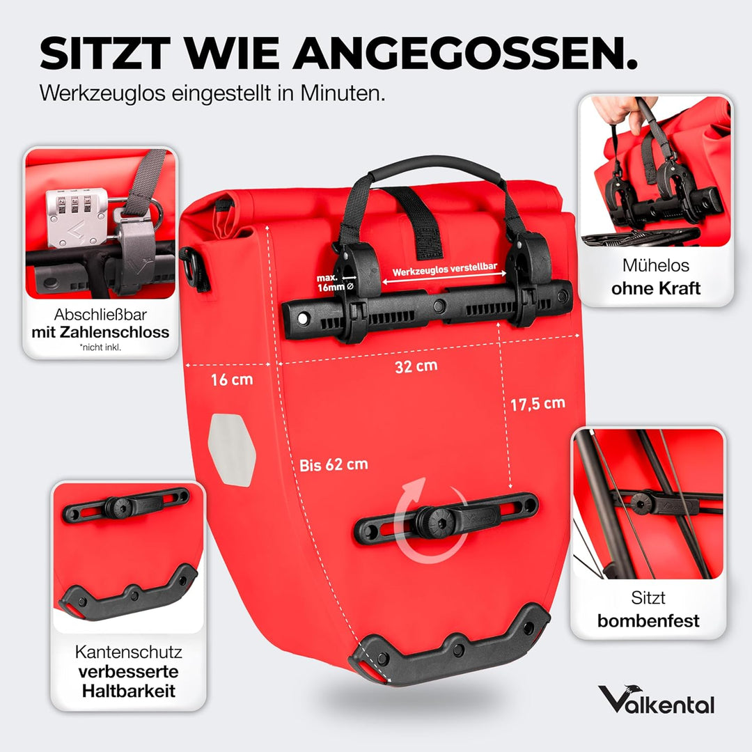 Valkental - Grosse &amp; wasserdichte Gepäckträgertasche - 28L Füllvolumen - Fahrradtasche für Gepäckträ