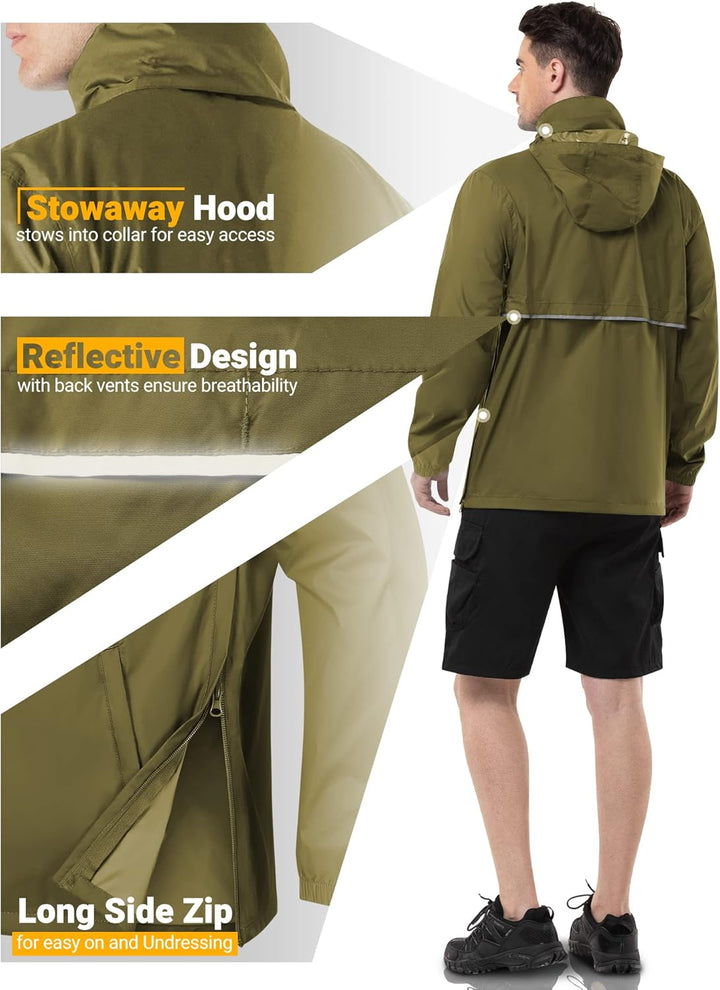 Outdoor Ventures Herren Regenjacke Wasserdichter Pullover mit Kapuze Packbare Reflektierende Jacke L