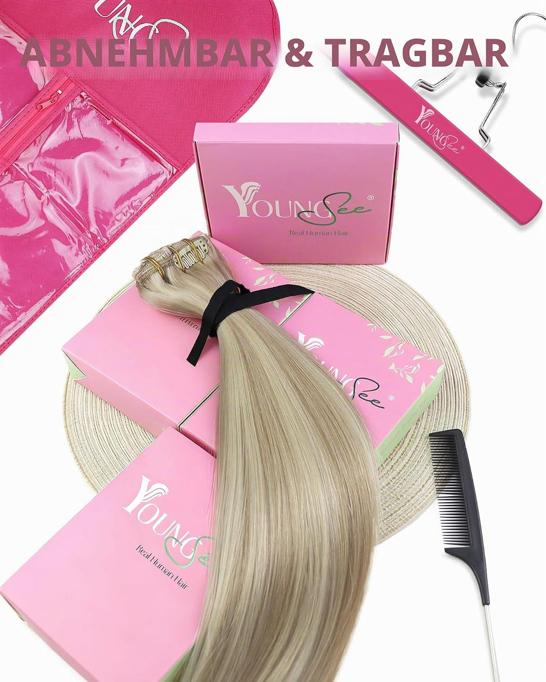 YoungSee Echthaar Extensions Clip Blond Doppelt Tressen Clip in Extensions Echthaar Aschblond mit Pl