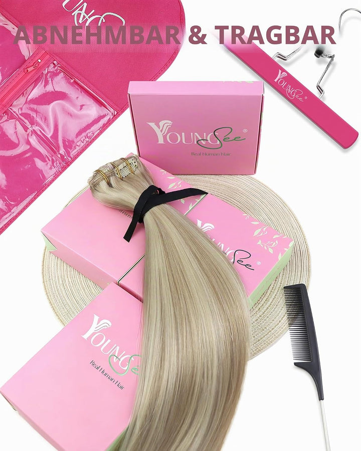 YoungSee Clip in Extensions Echthaar Blond Clip in Extensions Aschblond Strahnchen Blond Clip in Haa