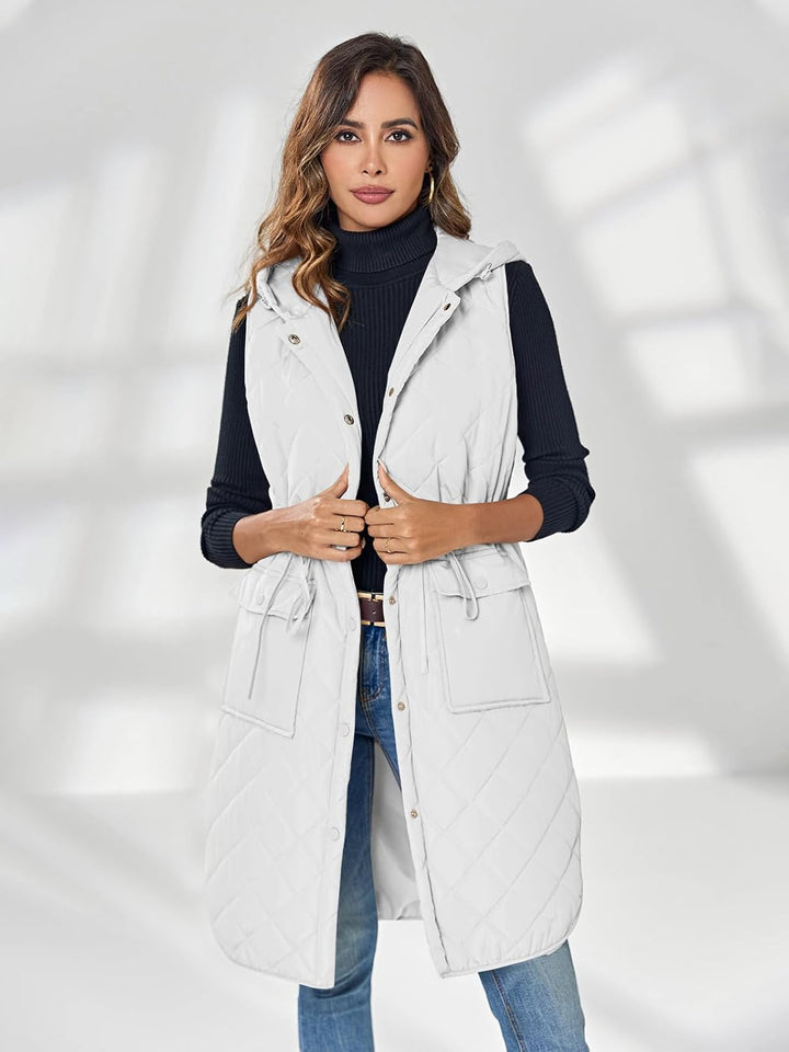Wenrine Damen Weste Lang Ärmellose Winter Steppweste mit Kapuze und Taschen Casual S Weiss, S Weiss