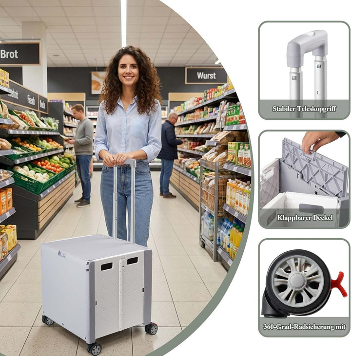 Einkaufstrolley mit Rollen Klappbar, Einkaufskorb mit Deckel und neigbarer Teleskopgriff, Multifunkt