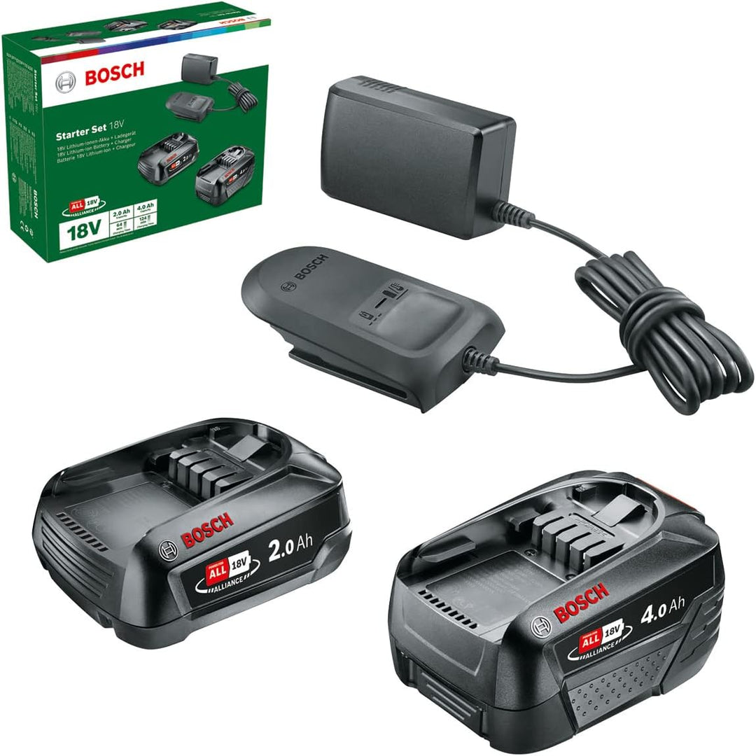 Bosch Home and Garden Akku und Ladegerät Starter Set 18V (2x Akku 2,0 Ah + 4,0 Ah, AL18V-20 Ladegerä