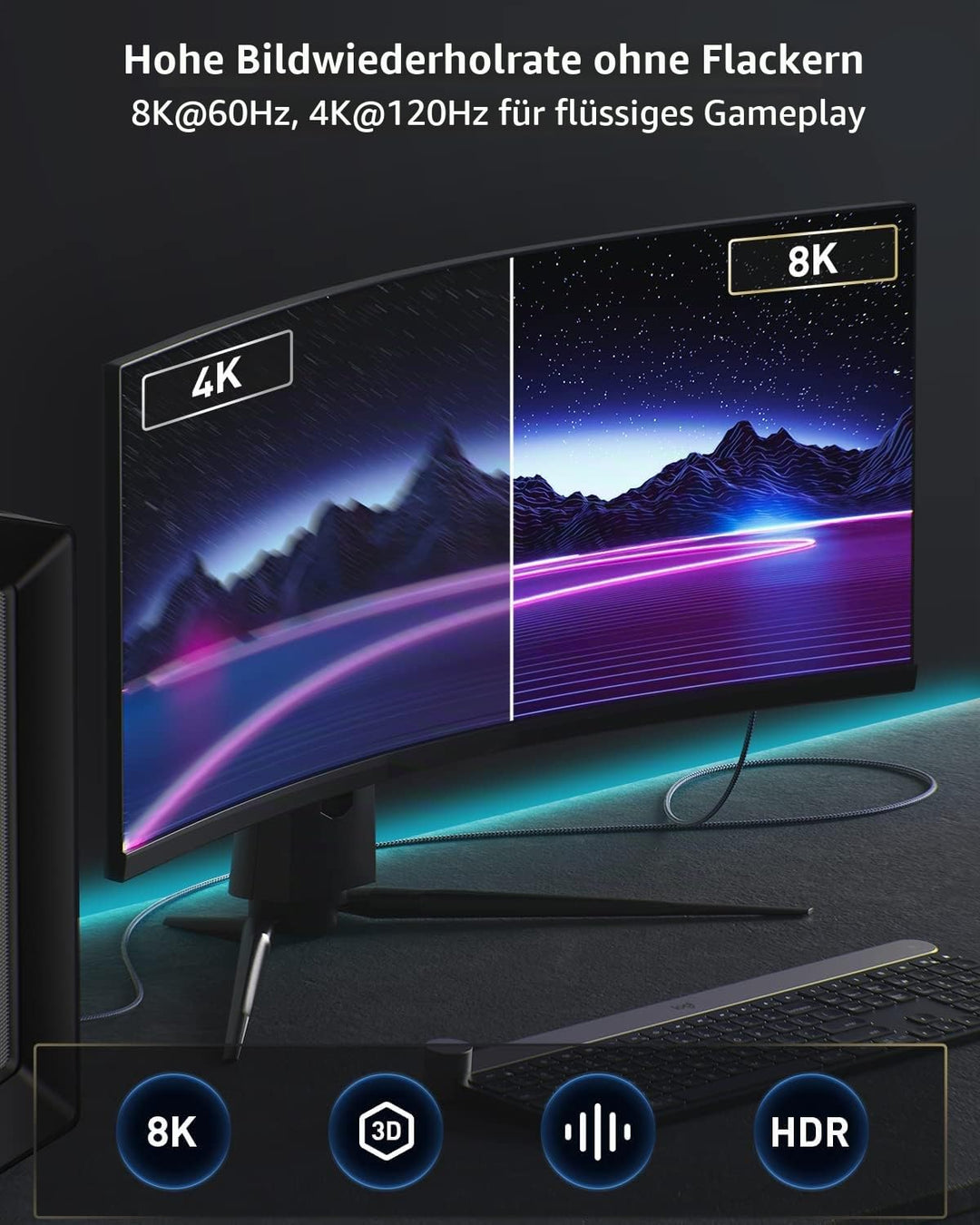 DisplayPort 1.4 auf HDMI 2.1 8K Kabel,Maxonar DP auf HDMI-Kabel 2m(6.6ft),[Aluminiumgehäuse,Nylongef