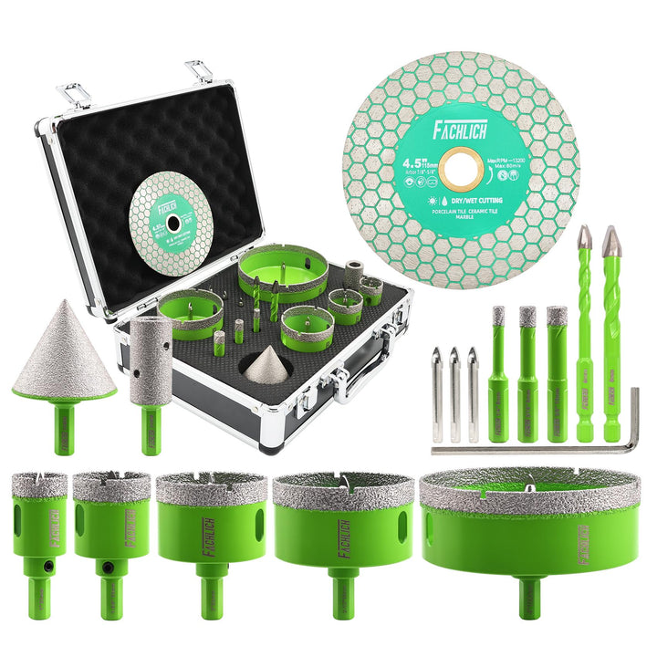 Diamant Fliesenbohrer Set – Diamantbohrer Lochsge 6/8/10/25/35/50/65/100mm mit Fingerbohrer und Fase