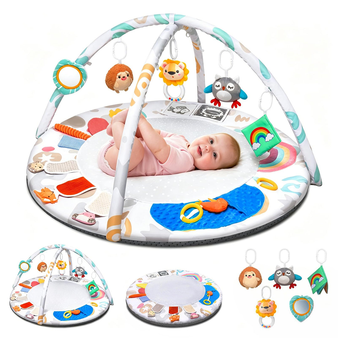 Spielbogen Baby mit 5 Greiflingen | Krabbeldecke für baby ab Geburt | Montessori Spielmatte Grauweis