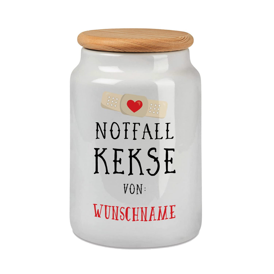 Sunnywall personalisierbare Notfall Keksdose mit Wunschname - Keramik weiss mit Echtholzdeckel 700 m