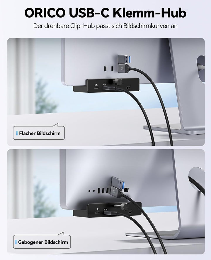 ORICO USB Hub, Aluminum USB3.2 Hub Clip mit USB-C PD 60W Port, 10Gbps 6 Ports USB Verteiler mit 2 Ty