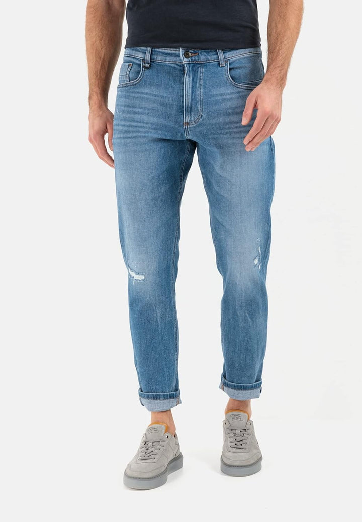 camel active Herren Tapered Fit Destroyed Jeans mit Smartphone Tasche 35W / 30L Denim Blau, 35W / 30