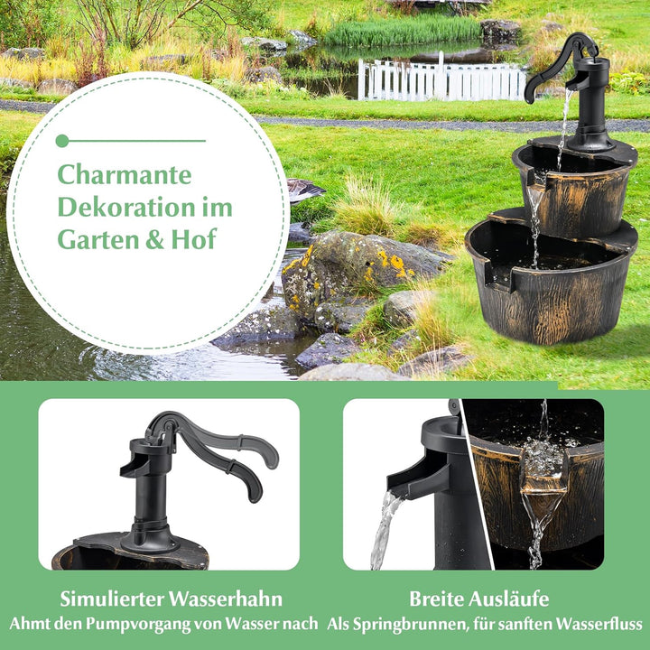 GOPLUS Gartenbrunnen Holz, Springbrunnen Zierbrunnen mit Pumpe, Fassbrunnen Wasserfall, Holzbrunnen
