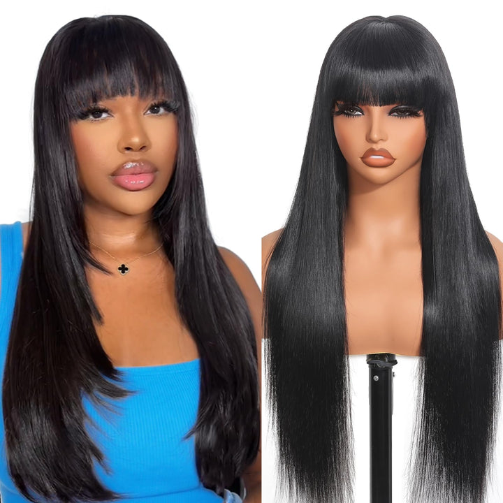 Tunfine Straight Human Hair Wigs with Fringe Glueless 4x6 Lace Front Echthaar Perücke Damen 180 Dens