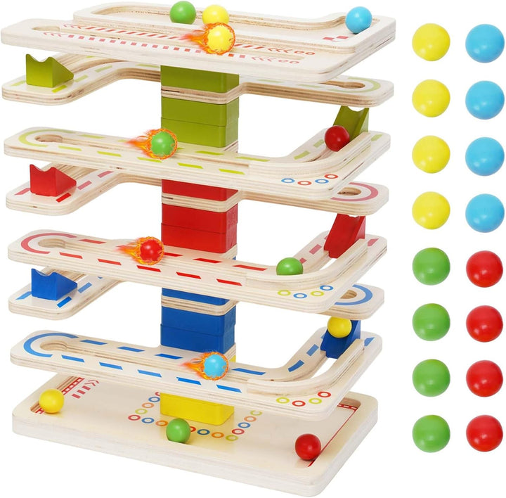 Holz Murmeln Spielzeug Kugelbahn Murmelbahn Holz Ball Drop Spielzeug mit 16 Murmeln Marble Run Rennb