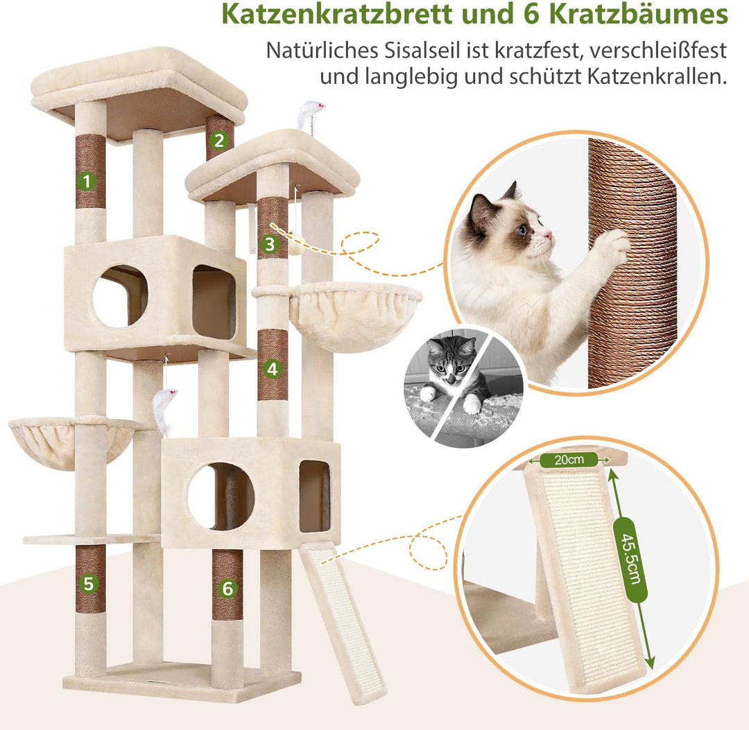 Globlazer Kratzbaum Stabil hoch 182 cm mit 2 Grosse Gepolsterte Plattformen, 2 Katzenhaus, 2 Korb, S