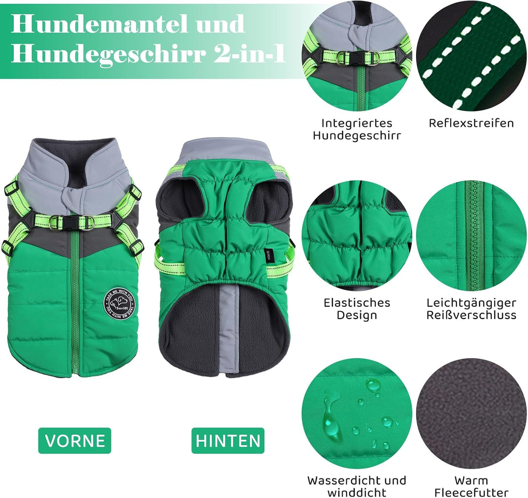Hundemantel Winter Warm Wasserdicht Winddicht Reflektierend Hundejacke mit Geschirr für Kleine Hunde