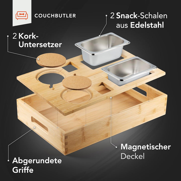 NewHabitat Couchbar Snackbox aus Bambus Personalisierbar inkl. Geschenkbox | Sofa Tablett mit 2 Snac