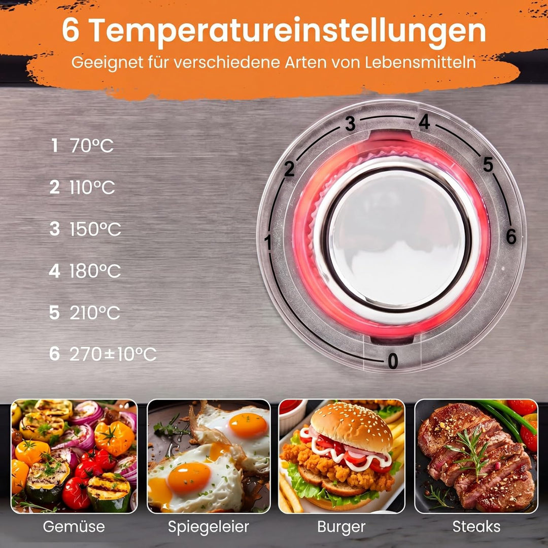 COSTWAY Tischgrill elektrisch, 2000W Elektrogrill mit Spritzschutz, 2 Thermostate, 6 Temperatureinst