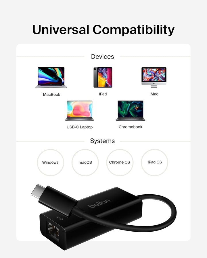 Belkin USB-C auf Gigabit Ethernet Adapter (15cm, USB-C Stecker, RJ45-Buchse, unterstützt 10/100/1000