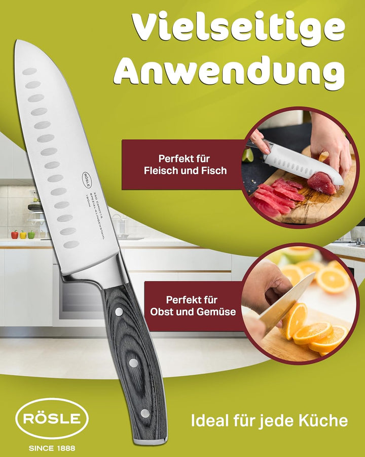 RÖSLE Santokumesser WOLFGREY 17,5 cm – Scharfes Küchenmesser & Kochmesser mit Kullenschliff – Santok