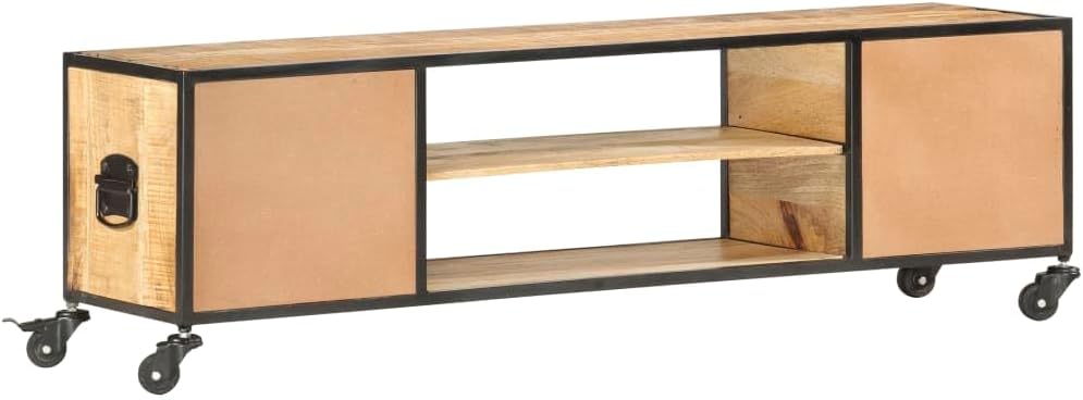 vidaXL Mangoholz Massiv TV Schrank mit 4 Rädern 2 Regalen 2 Schubladen Lowboard Fernsehschrank Ferns