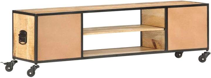 vidaXL Mangoholz Massiv TV Schrank mit 4 Rädern 2 Regalen 2 Schubladen Lowboard Fernsehschrank Ferns