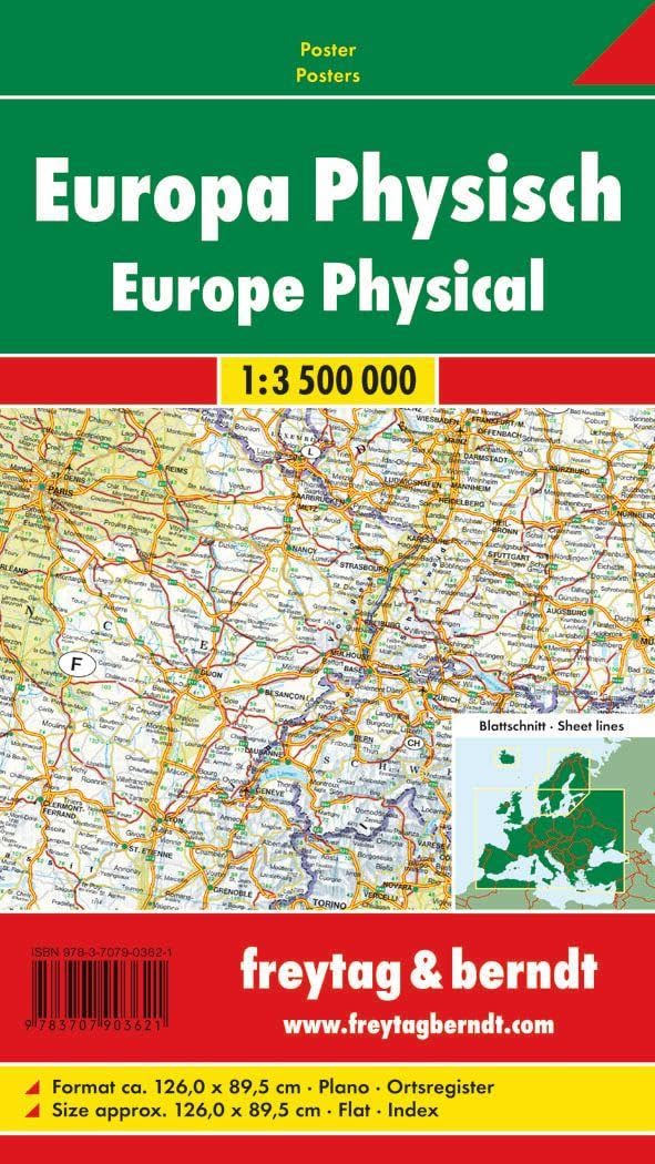 Europa physisch, 1:3,5 Mill., Poster: 126 x 89,5 cm, physische Karte (freytag & berndt Poster + Mark
