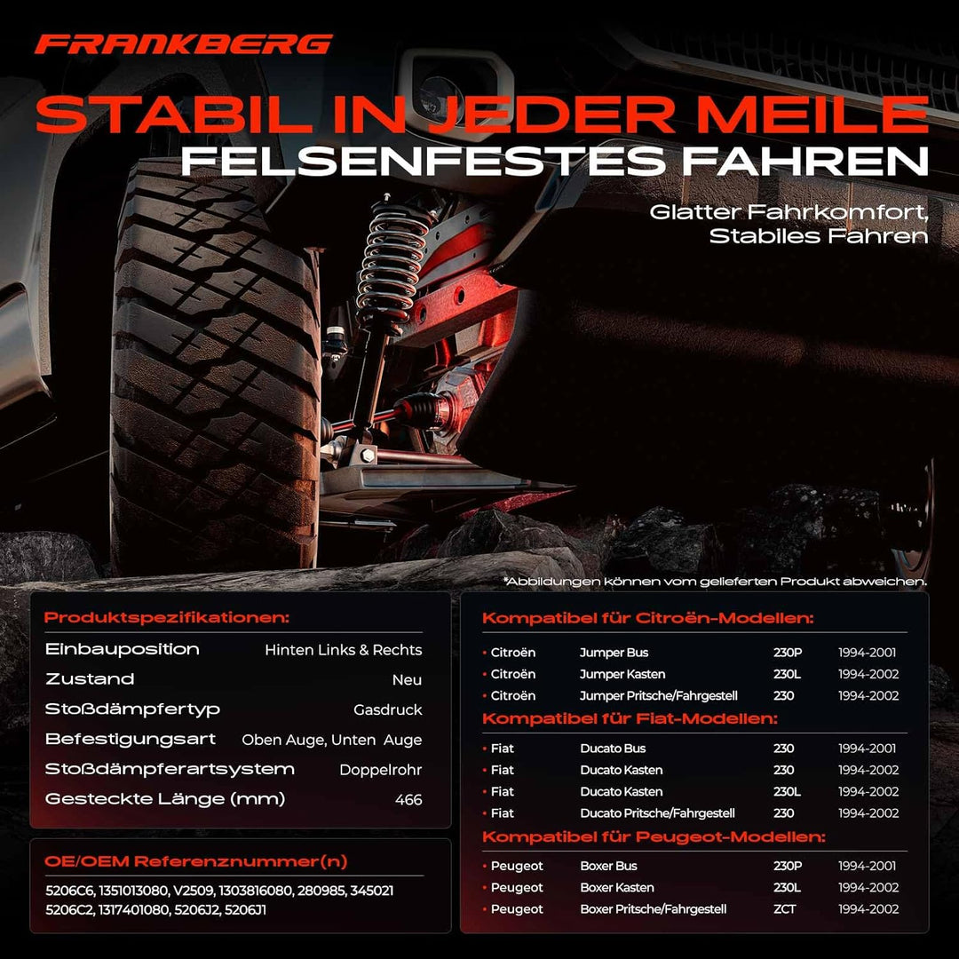 Frankberg 2x Stossdämpfer Gasdruck Hinterachse Kompatibel mit Jumper 230 230L 230P Ducato 230 230L B