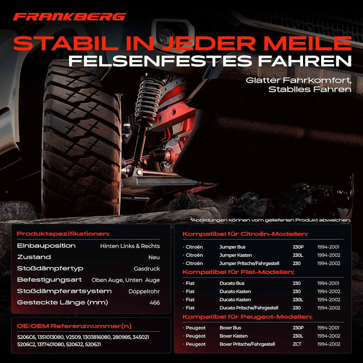 Frankberg 2x Stossdämpfer Gasdruck Hinterachse Kompatibel mit Jumper 230 230L 230P Ducato 230 230L B