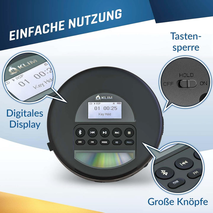 KLIM Nomad CD Player Bluetooth - tragbare Discman mit langlebigem Akku - inklusive Kopfhörer - MP3 -