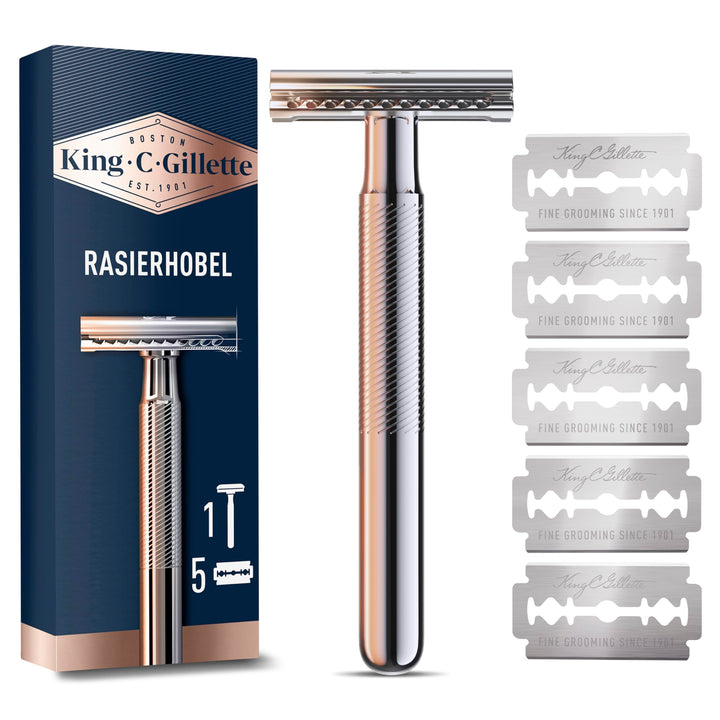 King C. Gillette Rasierhobel Herren, Rasierer + 5 Rasierklingen, Nassrasierer Safety Razor mit langl