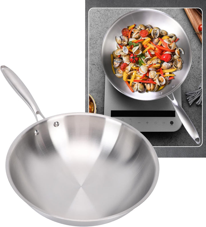 Denash Chinesische Wok -Pfanne 304 Edelstahl Nicht -Stick -Rührpfanne mit Griff, für Induktions -Ele