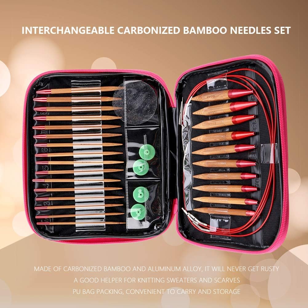 Goick Strickset,Austauschbare karbonisierte Bambusnadeln Set Aluminium Rundstricknadeln Ring Set
