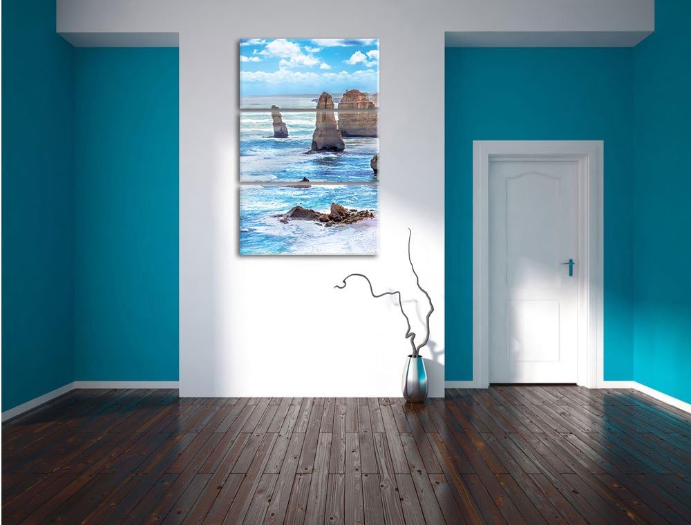 Pixxprint Meer klippe küste Sonnenaufgang Steine Strand 3-Teiler Leinwandbild 120x80 Bild auf Leinwa