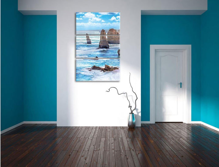 Pixxprint Meer klippe küste Sonnenaufgang Steine Strand 3-Teiler Leinwandbild 120x80 Bild auf Leinwa