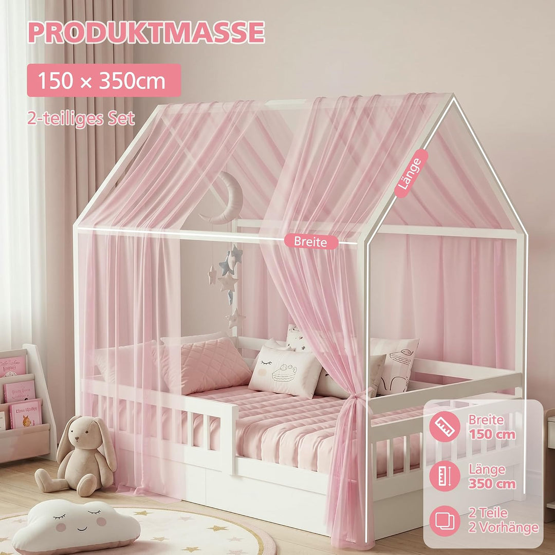 iLuane Kinderbett Baldachin Rosa mit 3 m Baumwoll-Wimpelgirlande, Hausbett Deko Set mit 2 Tüll Vorhä
