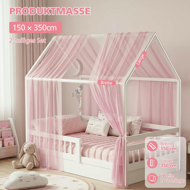 iLuane Kinderbett Baldachin Rosa mit 3 m Baumwoll-Wimpelgirlande, Hausbett Deko Set mit 2 Tüll Vorhä