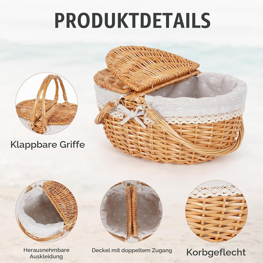 Happypicnic Picknickkorb aus Weidengeflecht mit Griff, 38,1 cm grosser, leerer Picknickkorb mit Deck