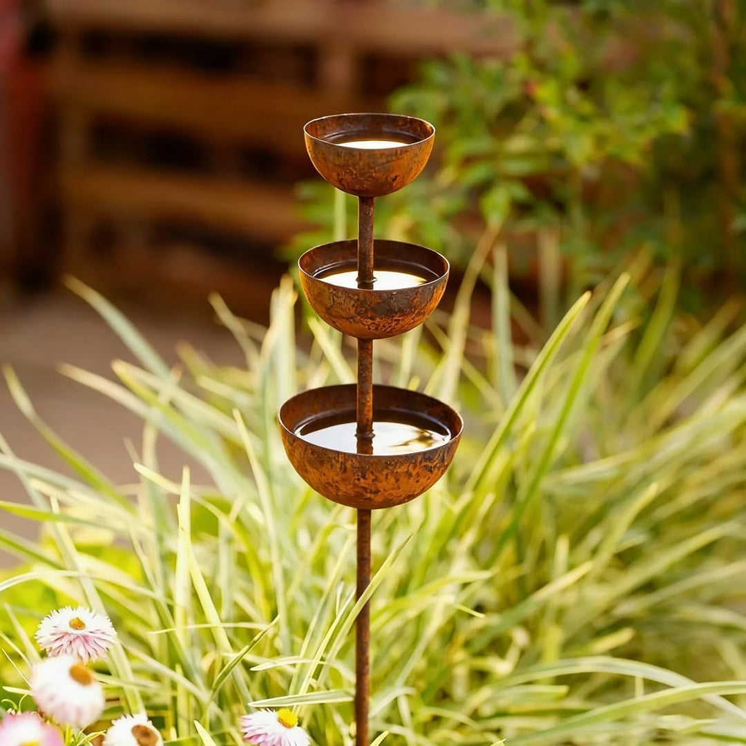 Regenfänger Gartenstecker Rost, Insektentränke Garten, Metall Gartendeko für Draussen, Gartenstecker