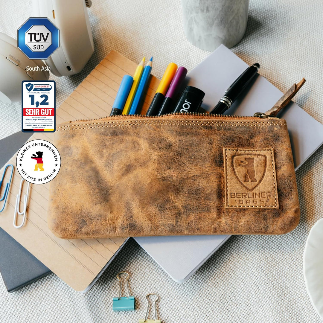 Berliner Bags Vintage Federmäppchen Etui aus Leder mit YKK-Reissverschluss, Robuste Federmappe für S