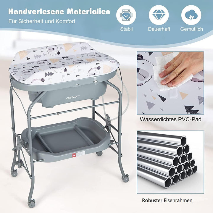 COSTWAY 4 in 1 Wickeltisch mit Badewanne, tragbare Wickelkommode mit PVC-Auflage & Abflussrohre, mob