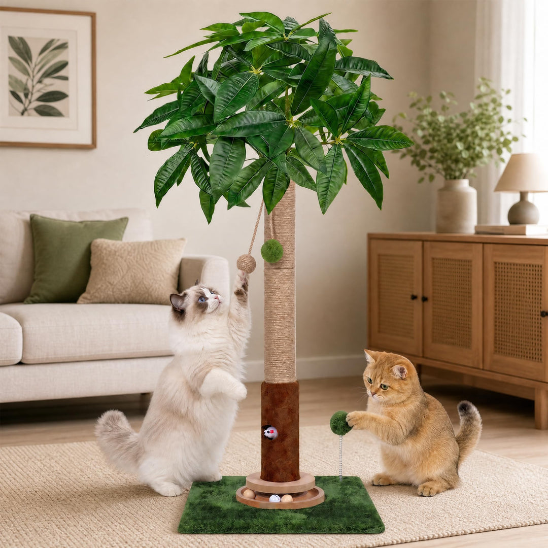 Fantasreen 88cm Kratztonne mit Trackball und Spielzeug, Grün | Kratzsäule für aktive Katzen. Mit Tra