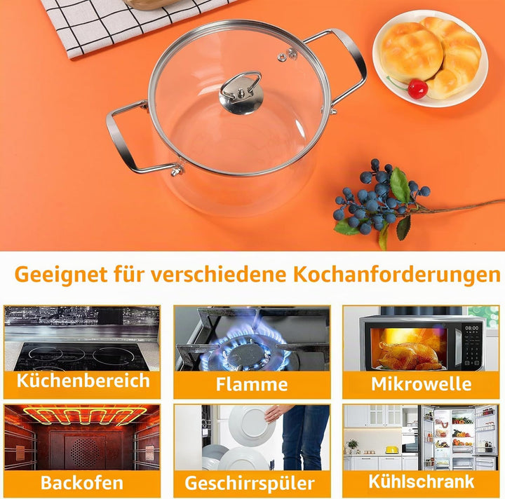Köcheltopf aus klarem Glas mit Deckel 4. 5 l hitzebeständiger Herdtopf mit Edelstahlgriffen, Kochges
