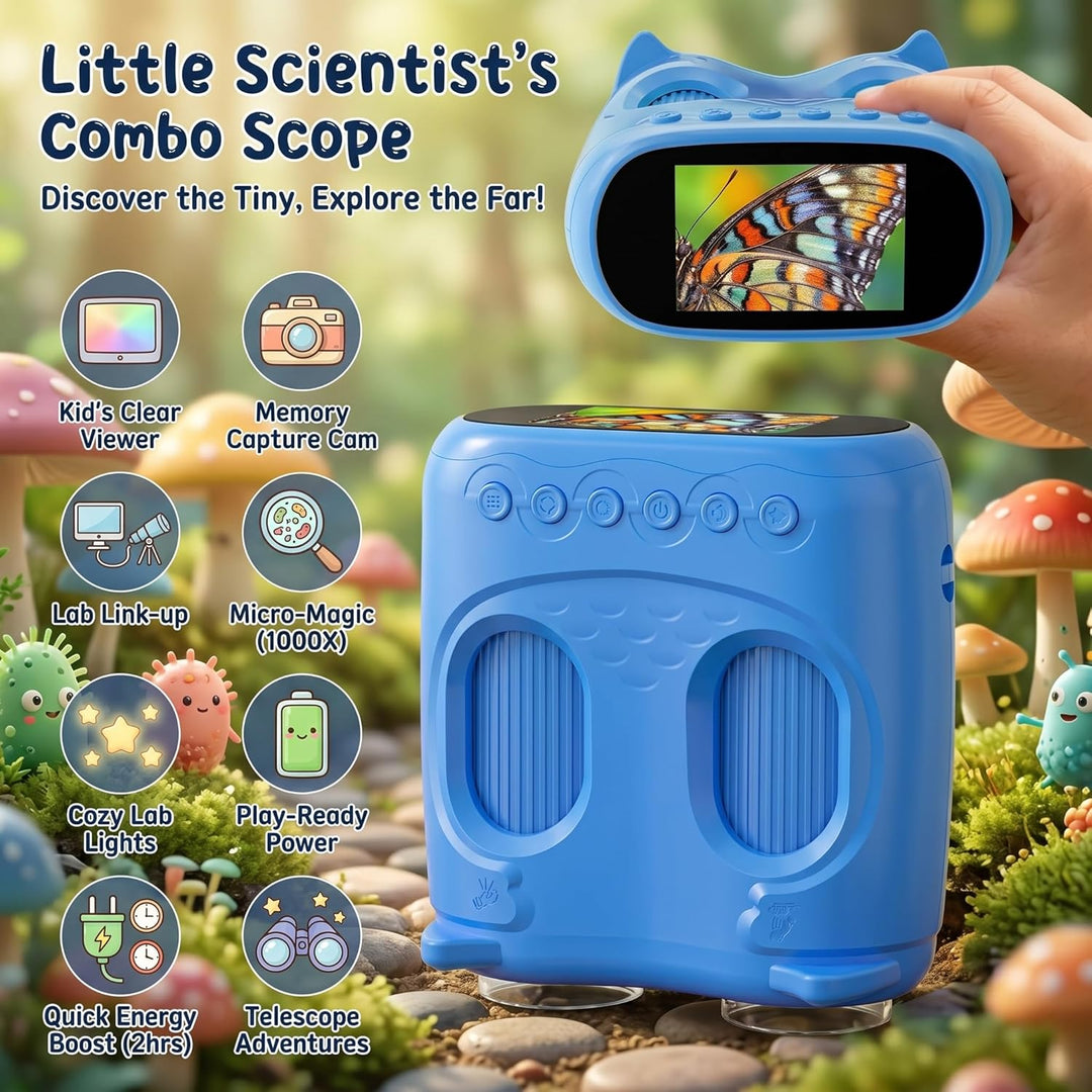 2 in 1 Mikroskop für Kinder und Fernglas Kinder, 2,0" IPS HD Mikroskop, 1000x Vergrösserung Teleskop