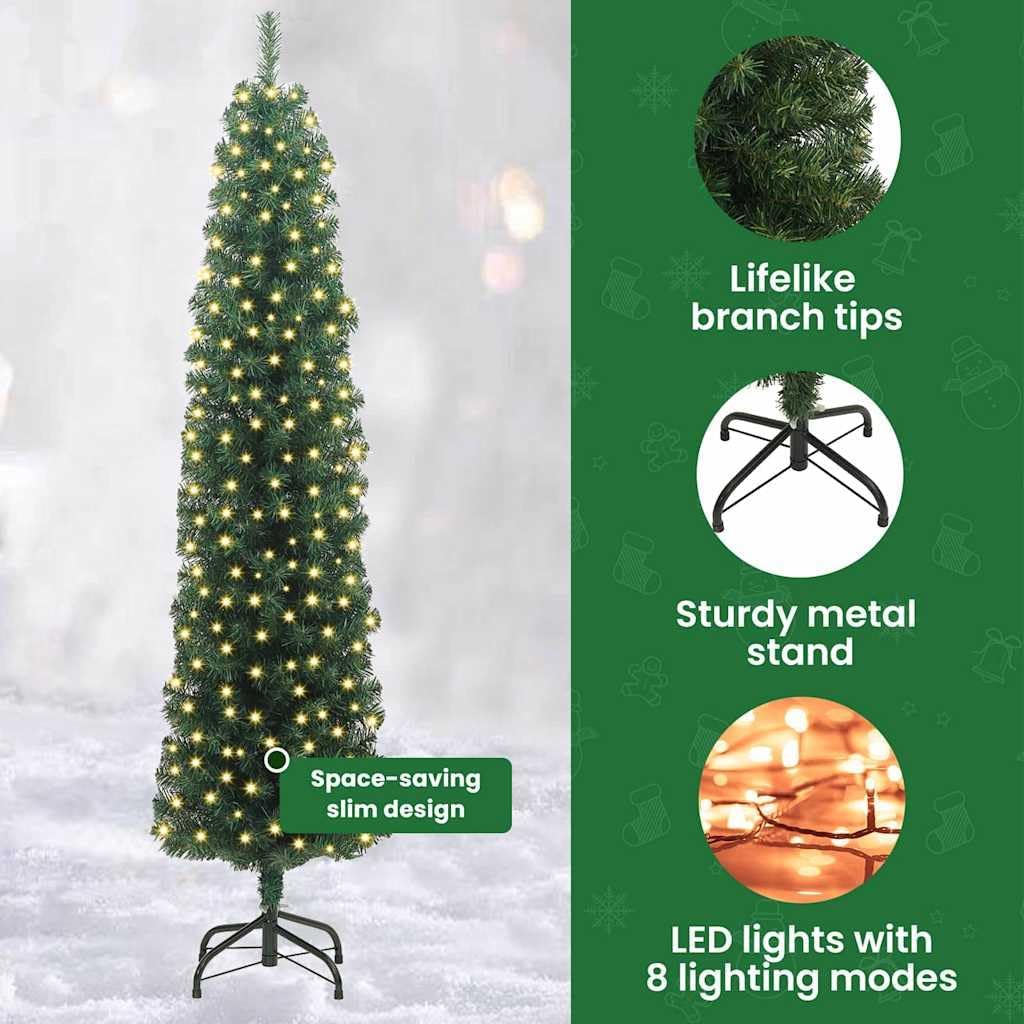 vidaXL Schlanker Weihnachtsbaum mit 300 LEDs Grün 210 cm, Grün 210 cm