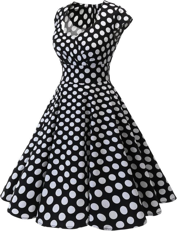 Bbonlinedress 1950er Vintage Retro Cocktailkleid Rockabilly V-Ausschnitt Faltenrock XS Black White B