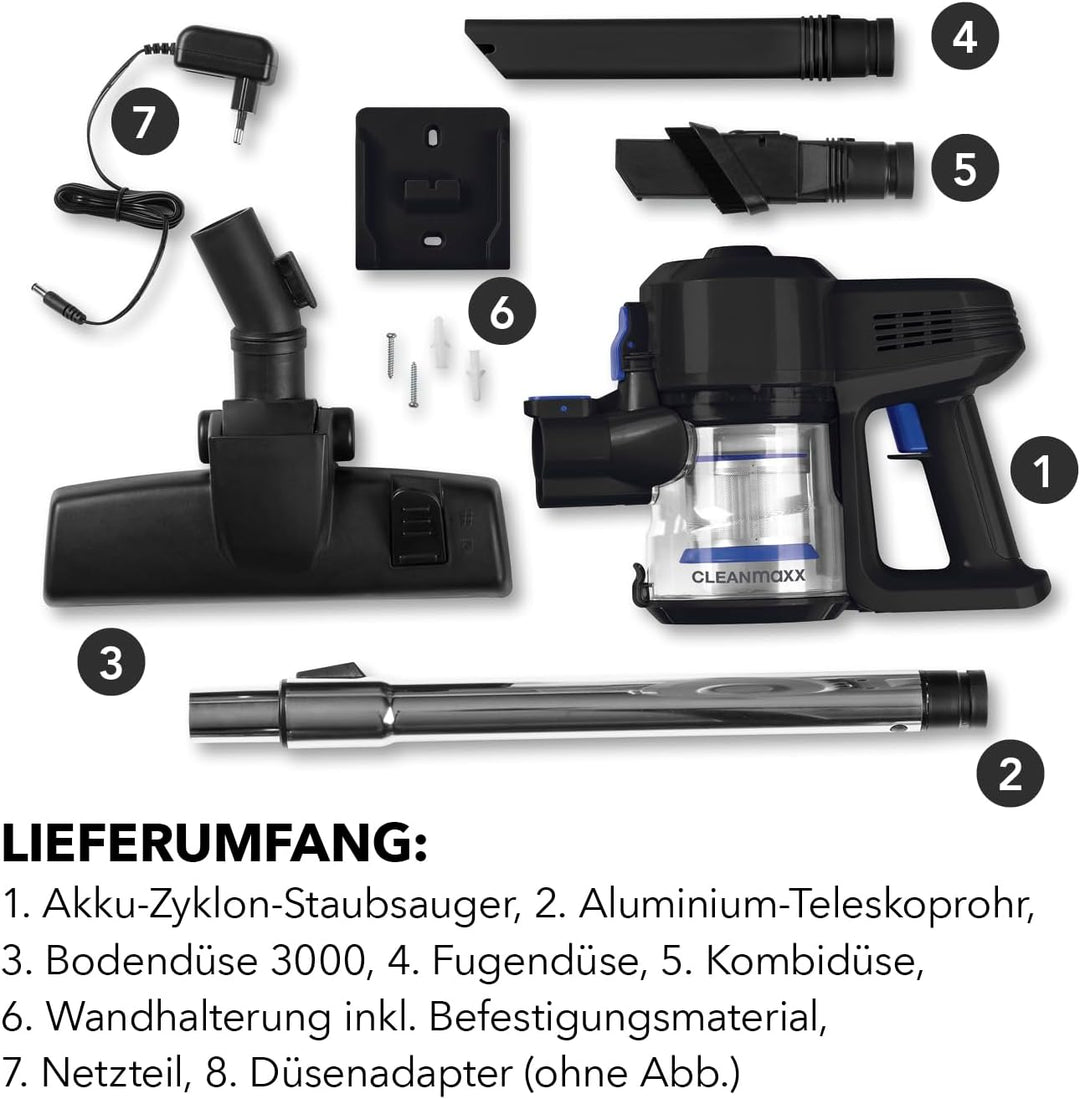 CLEANmaxx kabelloser Hand- und Bodenstaubsauger ohne Beutel | Starker Akku für bis zu 35 Min. Laufze