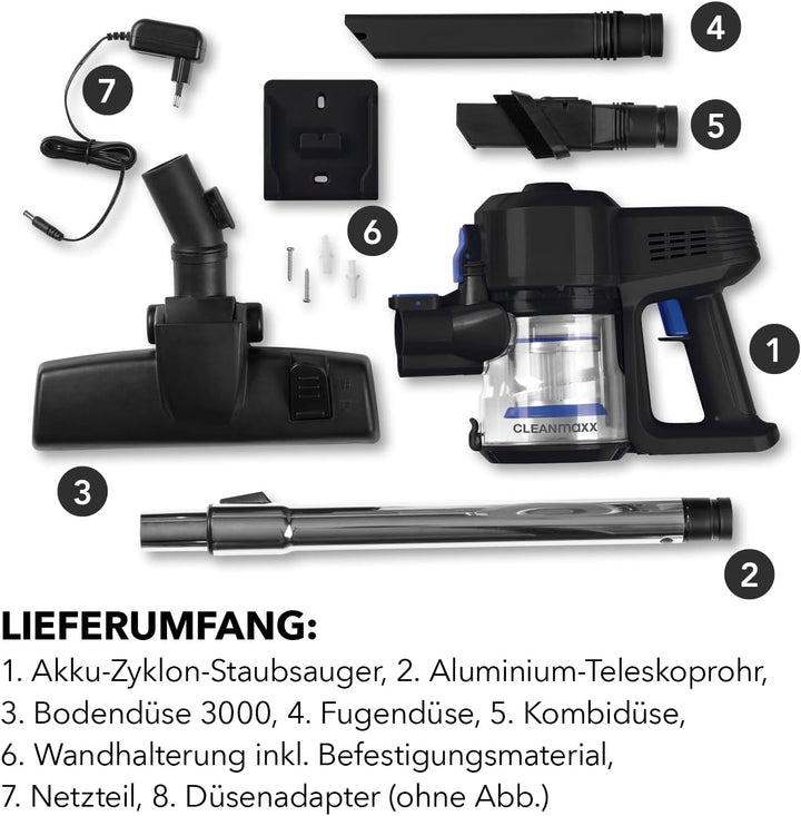 CLEANmaxx kabelloser Hand- und Bodenstaubsauger ohne Beutel | Starker Akku für bis zu 35 Min. Laufze