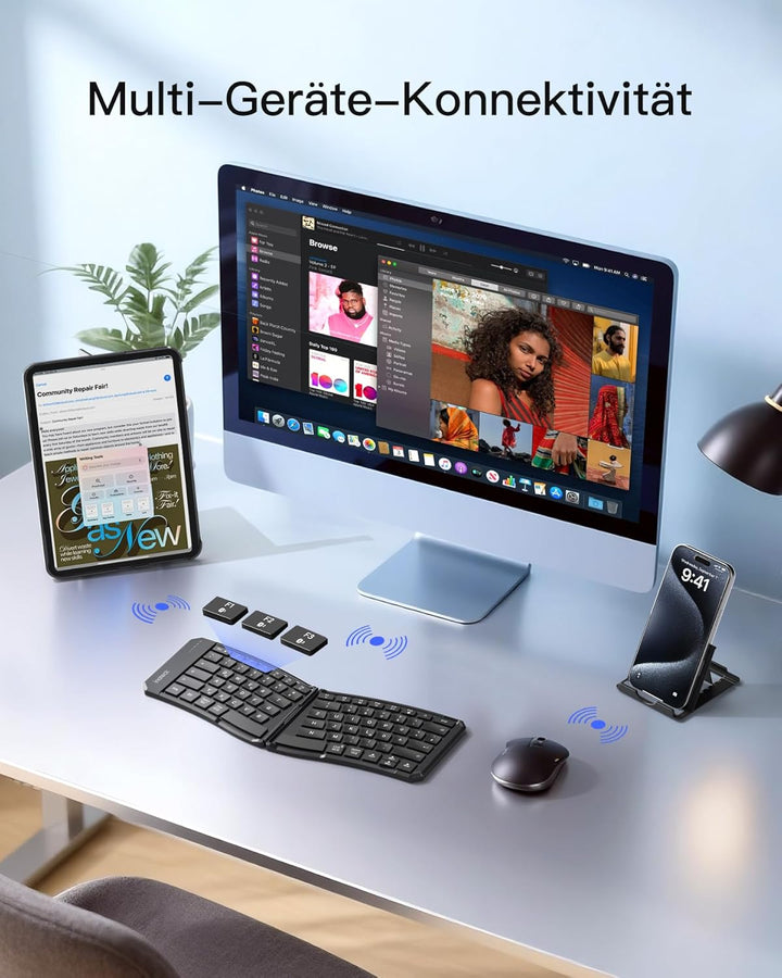 Inateck Faltbare Tastatur Ergonomische, Funktastatur Dual-Fold Magnetic QWERTZ,mit 3 BT,Mit Rückencl