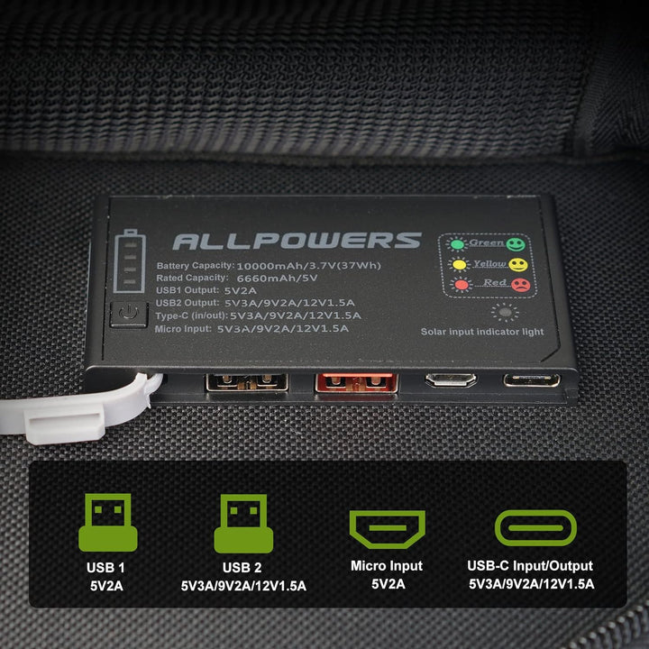 ALLPOWERS 5V 21W Solar Panel, Tragbares Solarladegerät, 3 USB-Ausgangs & 2 USB-Eingangs Wasserdichte