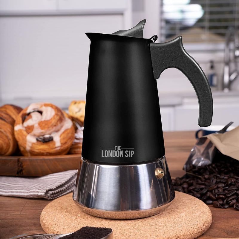 The London Sip Espressokocher Induktion geeignet, Mokkakanne aus Edelstahl, Espressokanne 6 Tassen (