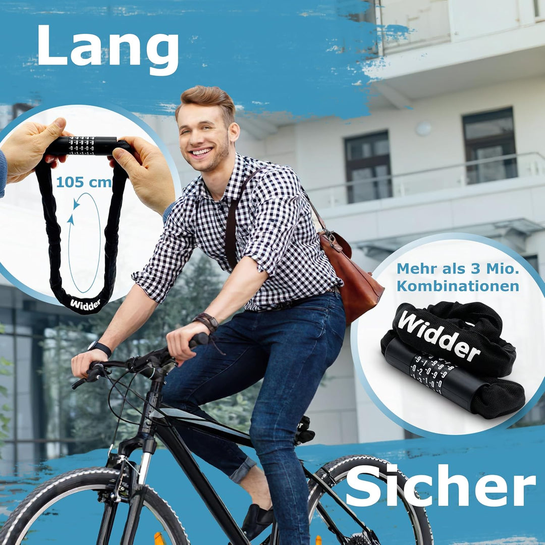 WIDDER Zahlenschloss Kettenschloss [3 Mio Kombinationen, sicher, 105cm lang] Fahrradschloss hohe Sic
